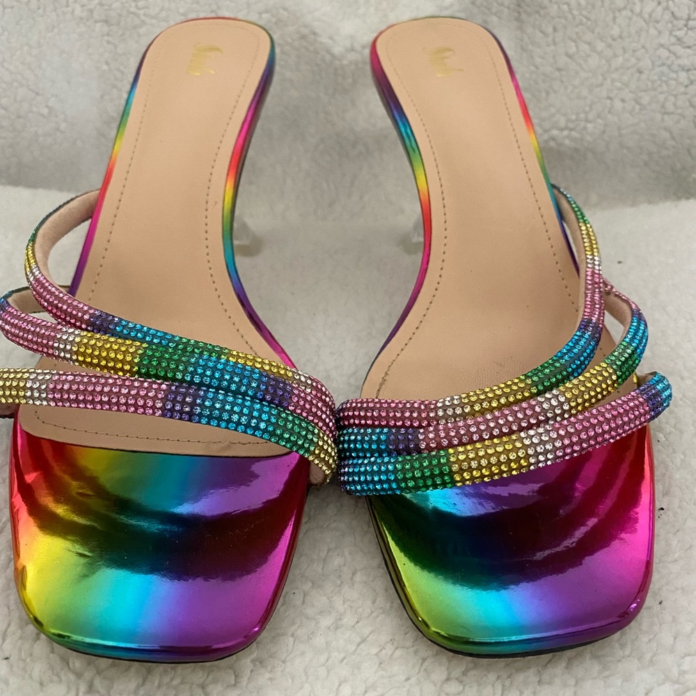 Colorblock Rhinestone Decor Pyramid Heeled Mules Size 10 - Picture 2 of 12